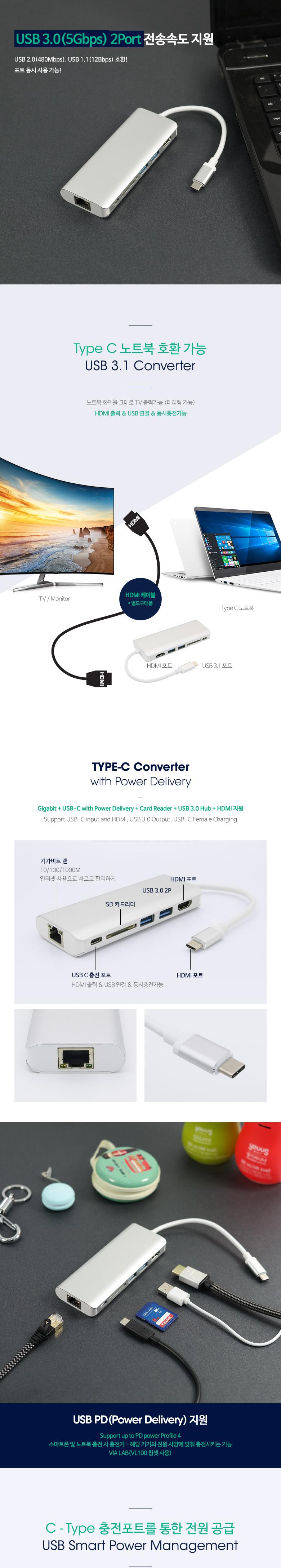 Coms USB 3.1 컨버터(Type C). HDMI기가비트 랜 USB 3.0 2P SD 카드리더. PD(충전지원)/HDMI확장/USBHDMI케