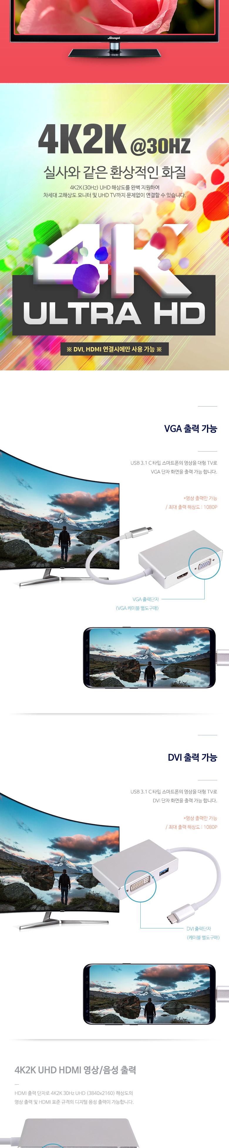 Coms USB 3.1 (Type C) 컨버터(4 in 1) 4k 지원 DVI VGA HDMI USB 3.0 1Port/컨버터/케이블컨버터/카메라컨