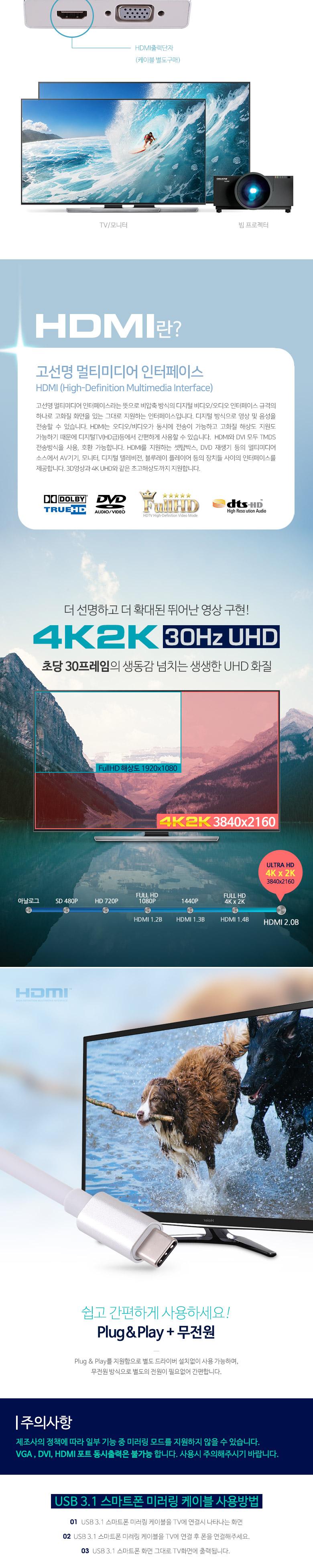 Coms USB 3.1 (Type C) 컨버터(4 in 1) 4k 지원 DVI VGA HDMI USB 3.0 1Port/컨버터/케이블컨버터/카메라컨