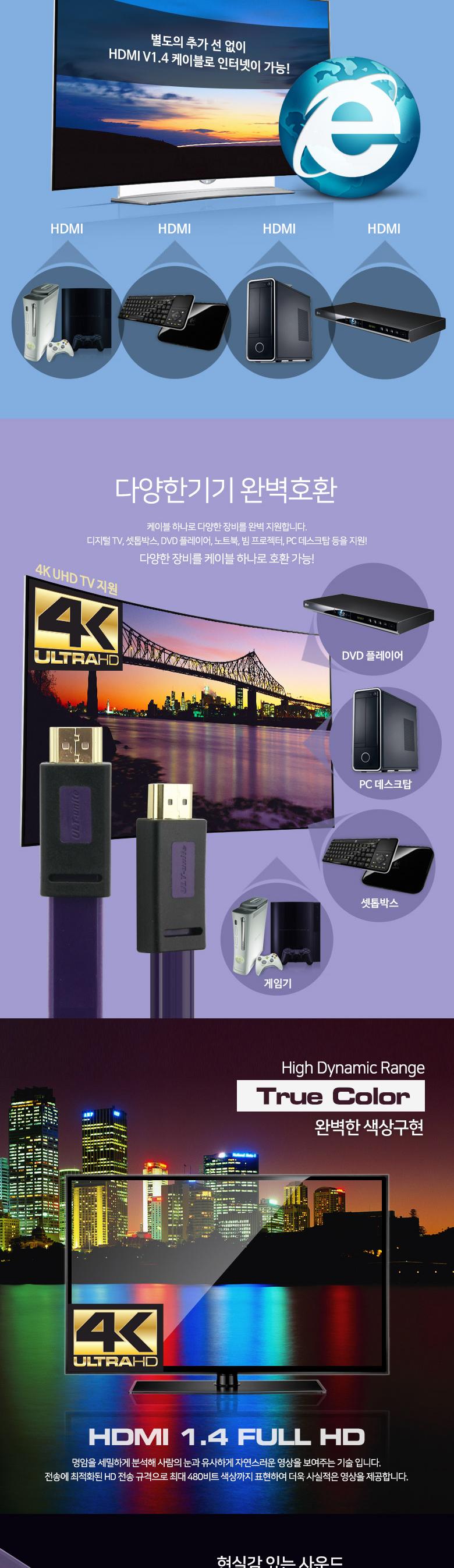 Coms HDMI 케이블 (4K FLAT) 1.5M. 퍼플 (4K2K 30Hz) v1.4 지원 24K 금도금/케이블/HDMI케이블/HDMI젠더/영