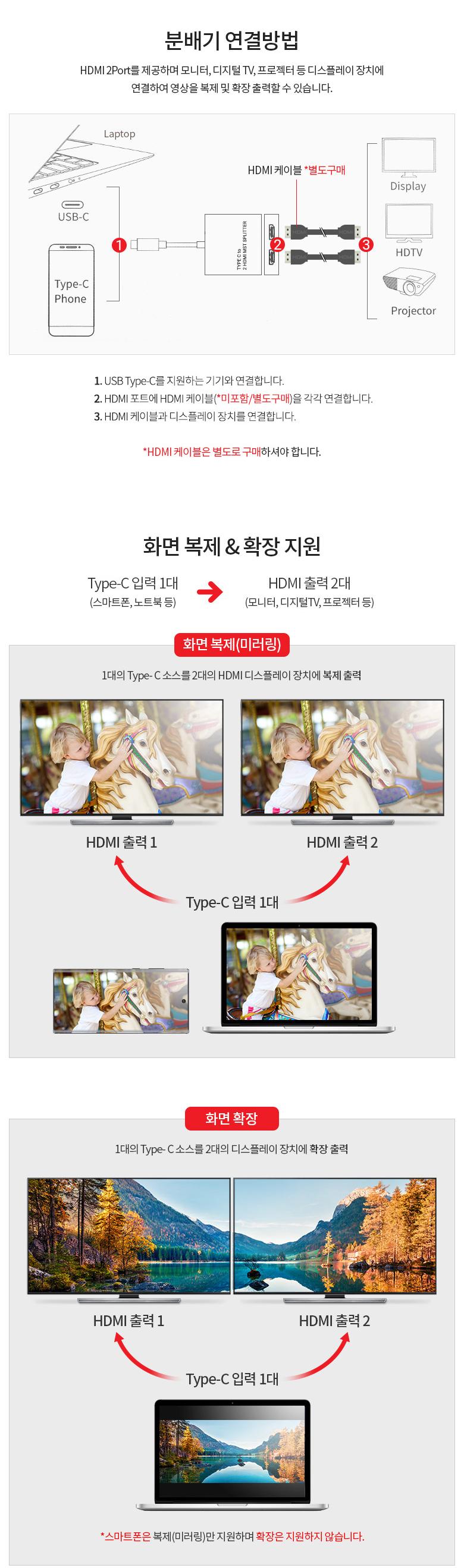 Coms USB 3.1 Type C to HDMI 2포트 미러링 분배기 스플리터 컨버터 USB-C to HDMI 2port/네트워크장비/네