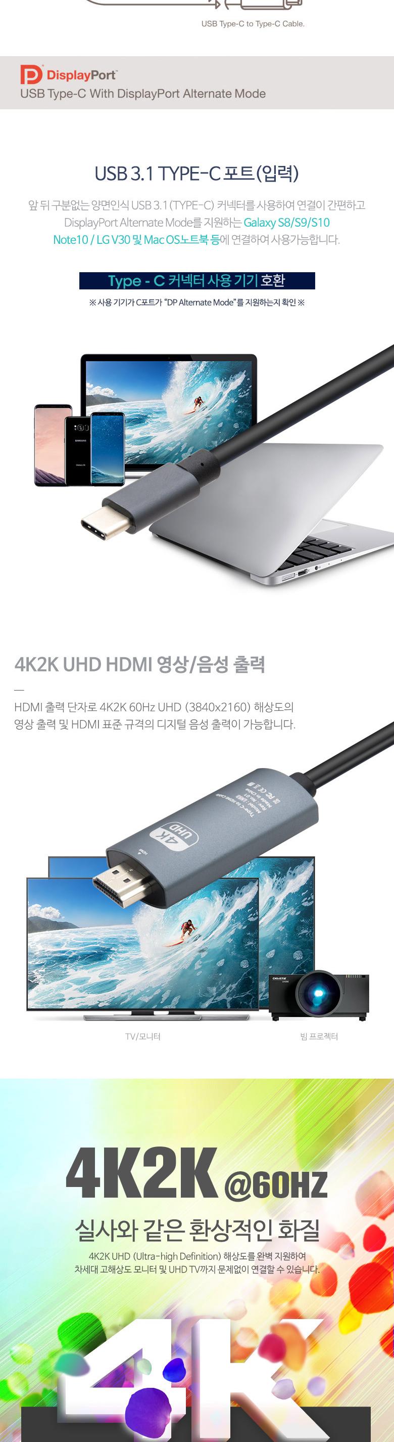 Coms USB 3.1 컨버터 케이블 Type C to HDMI 2.0 4K 60Hz USB 전원 3M/컨버터케이블/컨버터/케이블/컨버터