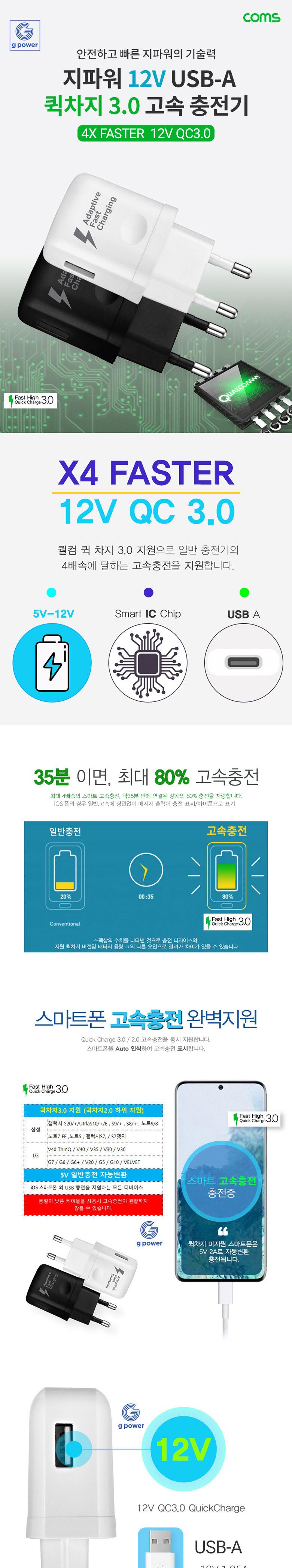 Coms G POWER QC 3.0(12V 9V 5V) 초고속 가정용 충전기 화이트 스마트폰. 태블릿. 1Port/휴대폰충전기/핸드