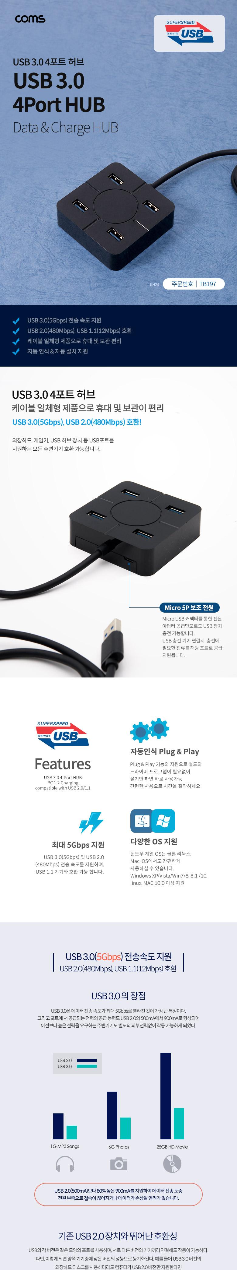Coms USB 3.0 4포트 허브 무전원/멀티허브/스마트USB허브/USB4포트허브/USB충전포트/USB허브/무전원허브/4