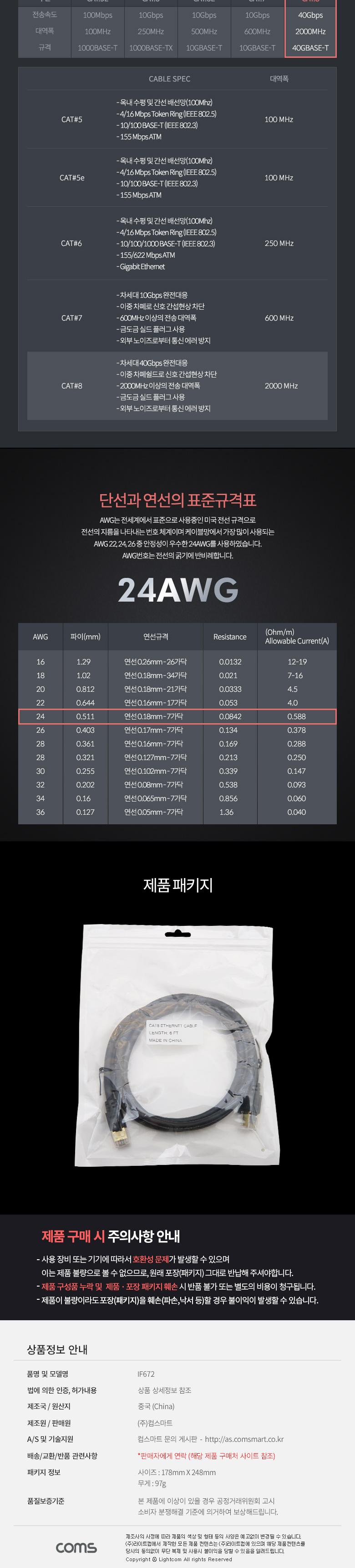 Coms 기가비트 랜케이블(Direct Cat8) 1.8M 다이렉트 Gigabit LAN 40Gbps 24AWG 랜선 LAN RJ45/케이블선/PC