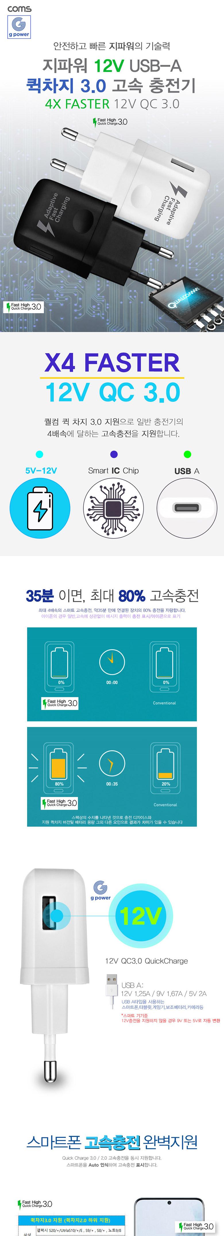 Coms G POWER 12V 5pin 초고속 가정용(QC3.0) 1구 블랙 충전기 스마트폰. 태블릿 Micro5P 마이크로5핀/초고