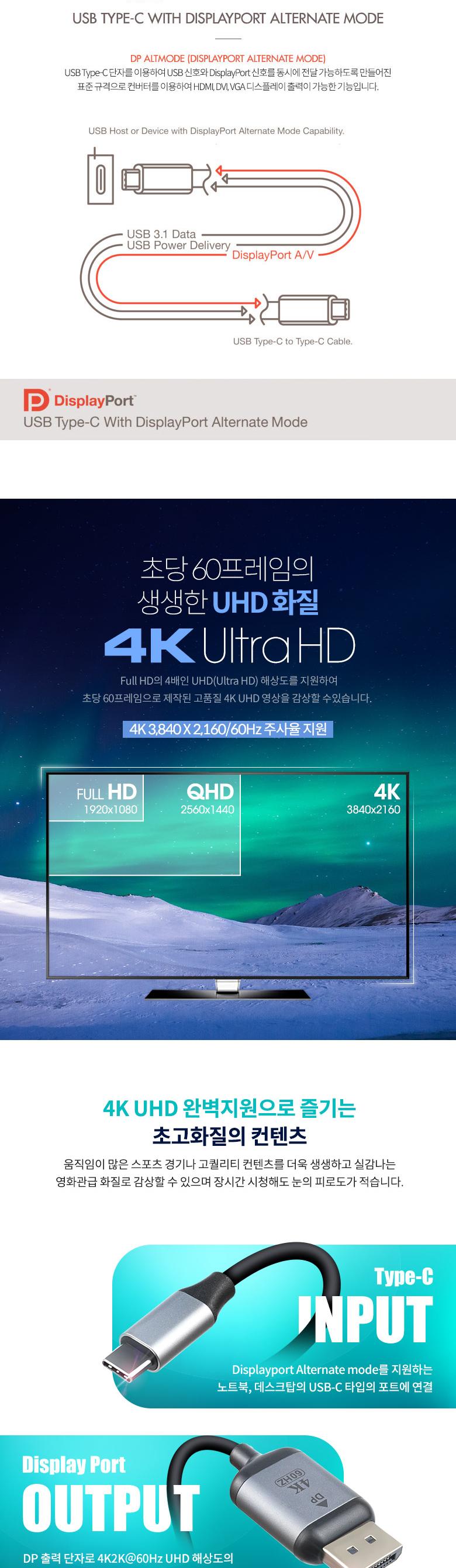 Coms USB Type C to 디스플레이포트 컨버터 1.8m. 변환 케이블. C타입 to DP 1.4 4K 60Hz UHD. C타입. Disp