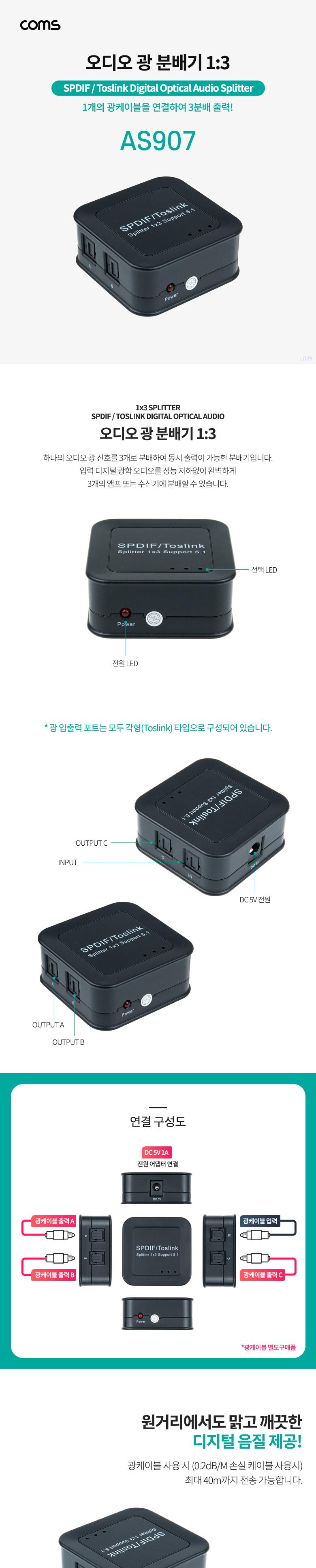 Coms 오디오 광 분배기 (1:3)/오디오분배기/오디오광분배기/분배기/광분배기/오디오광신호분배기/광신호분
