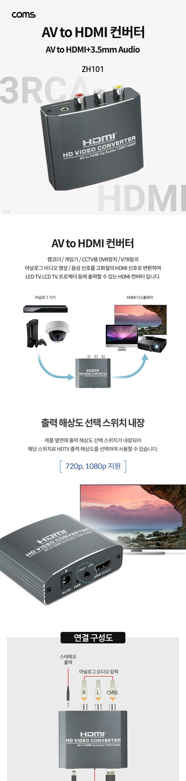 Coms AV to HDMI 컨버터/오디오컨버터/변환컨버터/컨버터/오디오변환컨버터/HDMI오디오컨버터/HDMI컨버터/H