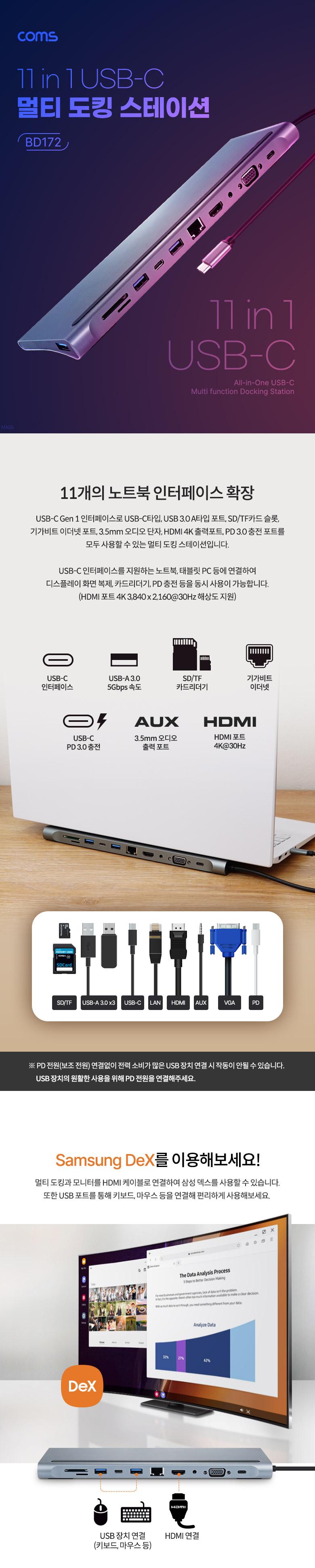 Coms 11 in 1 C타입 멀티 허브 HDMI 4K 30Hz VGA USB 3.1(Type C) PD SD TF Card Micro SD USB 3.0 3.5mm오