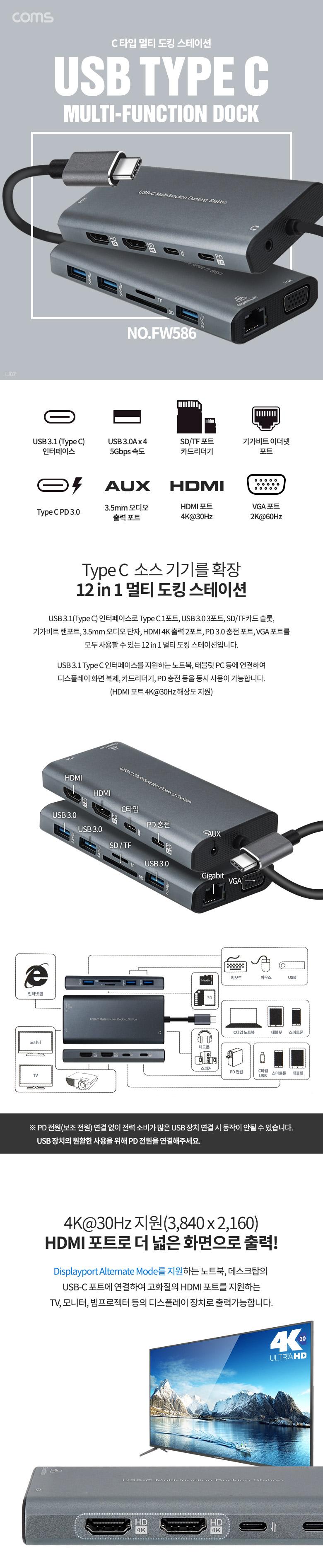 Coms 12 in 1 C타입 멀티 허브 컨버터 . HDMI Type C(PD) SD TF(Micro SD) RJ45 USB 3.0 Audio. 기가비트 
