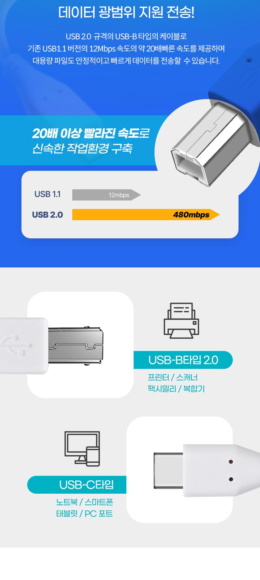 Coms USB 3.1 Type C to Type B 2.0 케이블 3m C타입 to B타입 480mbps/USB연결/USB연장선/스마트폰케이블/
