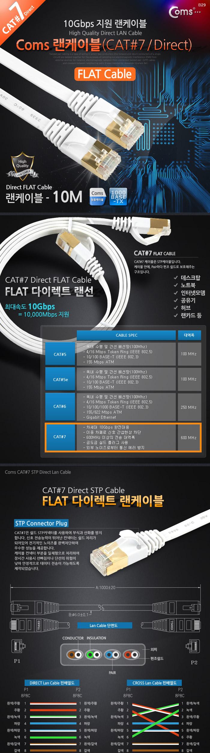 Coms 랜케이블(Direct Cat7 플랫형) 10M 다이렉트 랜선 LAN RJ45/LAN케이블/LAN/랜케이블/렌케이블/랜선/렌