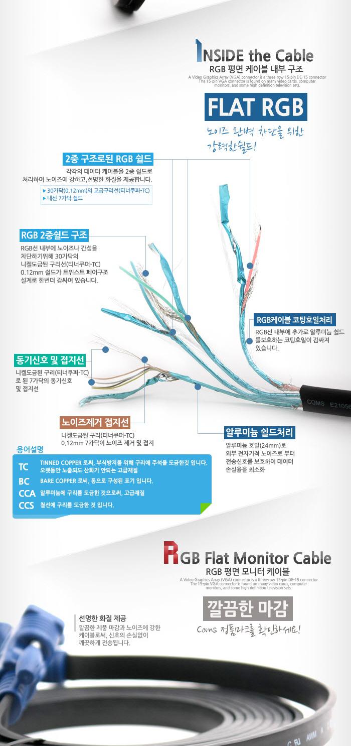 Coms 모니터 케이블 (RGB 플랫형) 15M - M M(VGA. D-SUB)/RGB모니터케이블/RGB케이블/RGB/RGB보급형/모니터