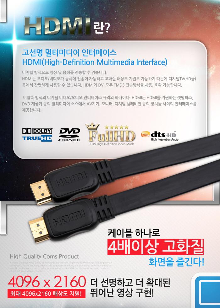 Coms HDMI 케이블(V1.4 플랫형) 15M 24K 금도금 4K2K 노트북HDMI HDMI HDMI보급형 HDMI15M HDMI케이블 HDMI연결 풀HD FULLHD 15MHDMI 플랫HDMI
