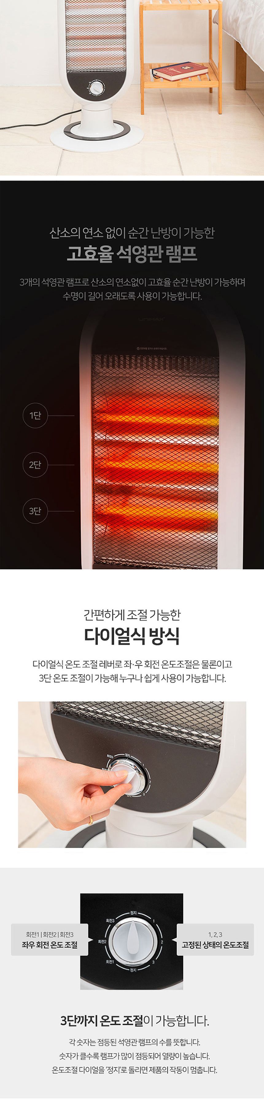 유니맥스7031 좌우회전 안전 3단 석영관 전기히터/히터/가정용히터/사무실히터/방히터/미니히터/난방히터/