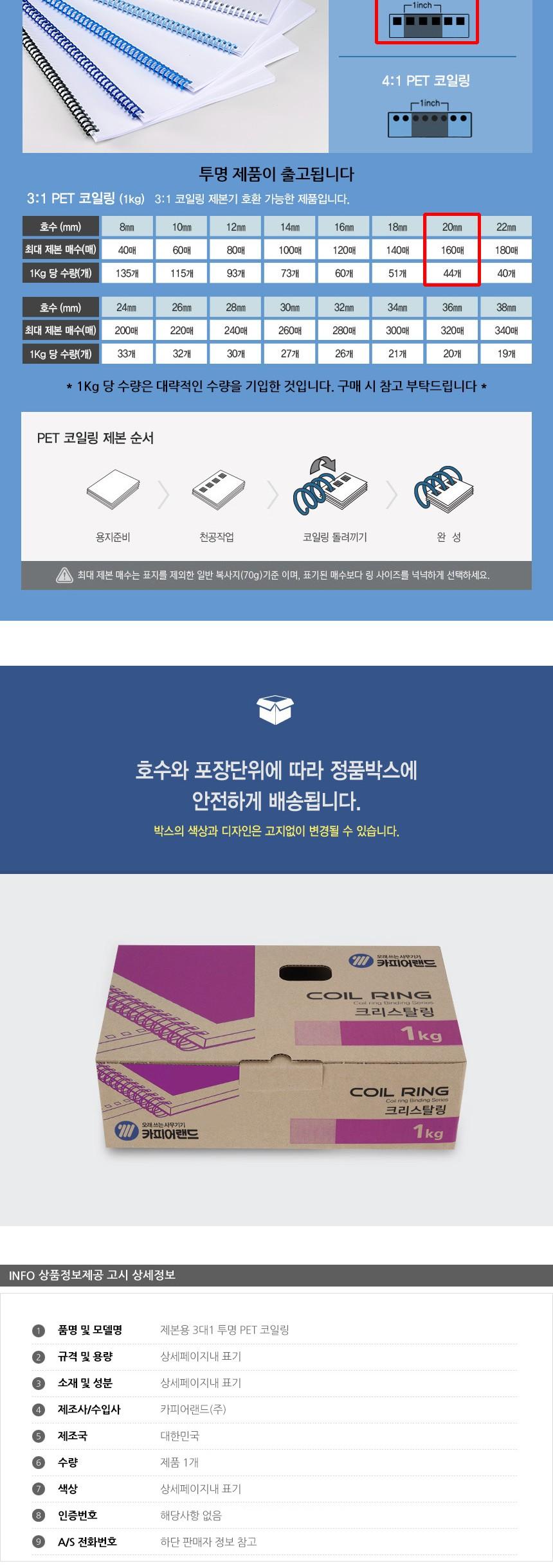 제본용 3대1 투명 PET 코일링 1Kg 20mm/코일링/제본코일링/제본용코일링/투명코일링/제본링/링/투명링/제본