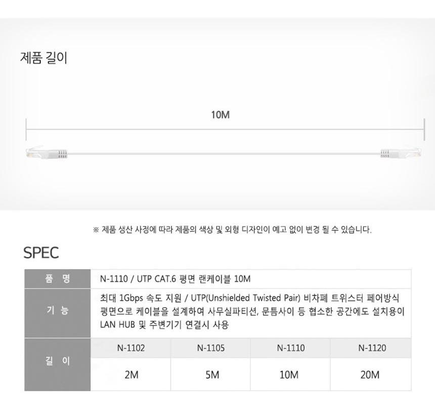 와이어맥스 UTP CAT.6 평면 랜케이블 10M N-1110/랜케이블/PC랜케이블/LAN케이블/PCLAN케이블/PC용랜케이블