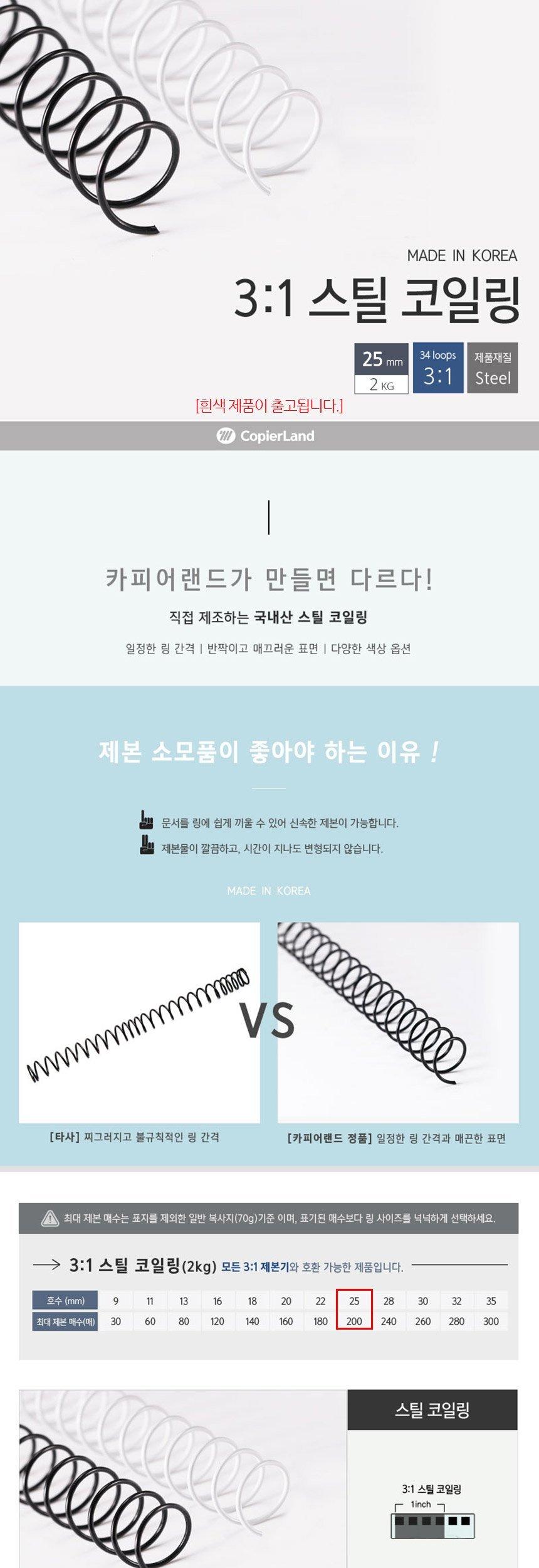 카피어랜드 제본용 3대1 스틸 코일링 25mm 2Kg 흰색/제본링/제본코일링/코일스프링/제본스프링/제본코일스