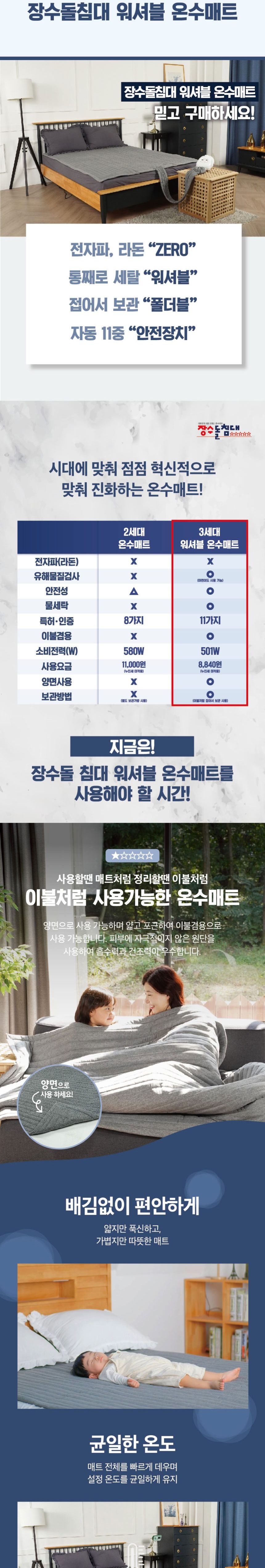 장수돌침대 워셔블 온수매트 슈퍼싱글 HMJS-H800S/온수매트/온수장판/전기매트/전기장판/침대온수매트/발열
