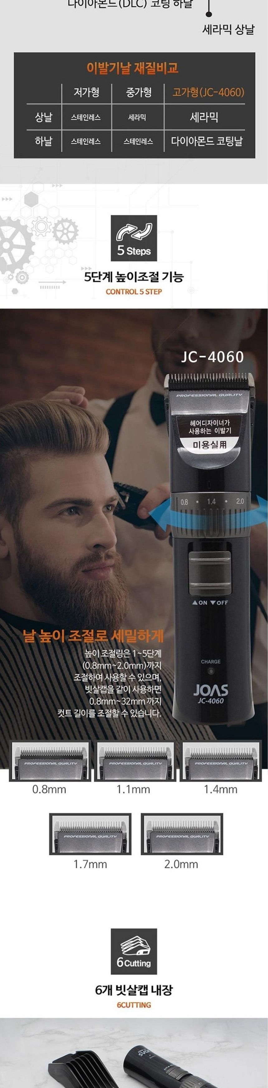 조아스4060 프리미엄 전문가용 이발기 빗살캡 6종/미용기빗살캡/빗살캡/이발날/미용날/미용기날/바리깡날/