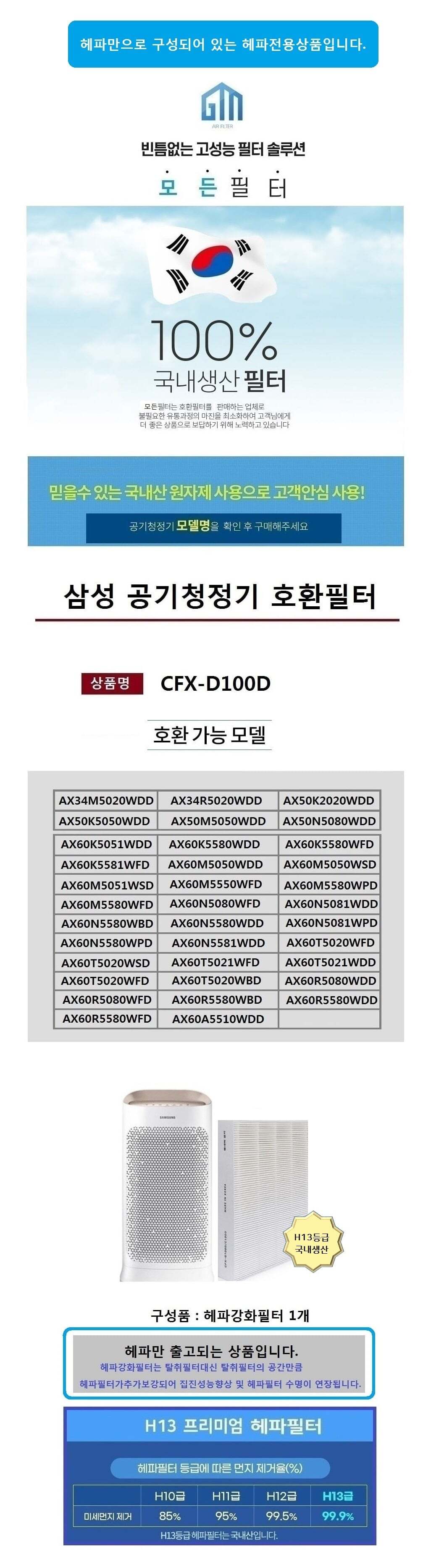 호환 삼성 CFX-D100D 국산 헤파전용 AX60K5051WDD/필터/공기청정필터/공기청정기필터/공기정화필터/공기정