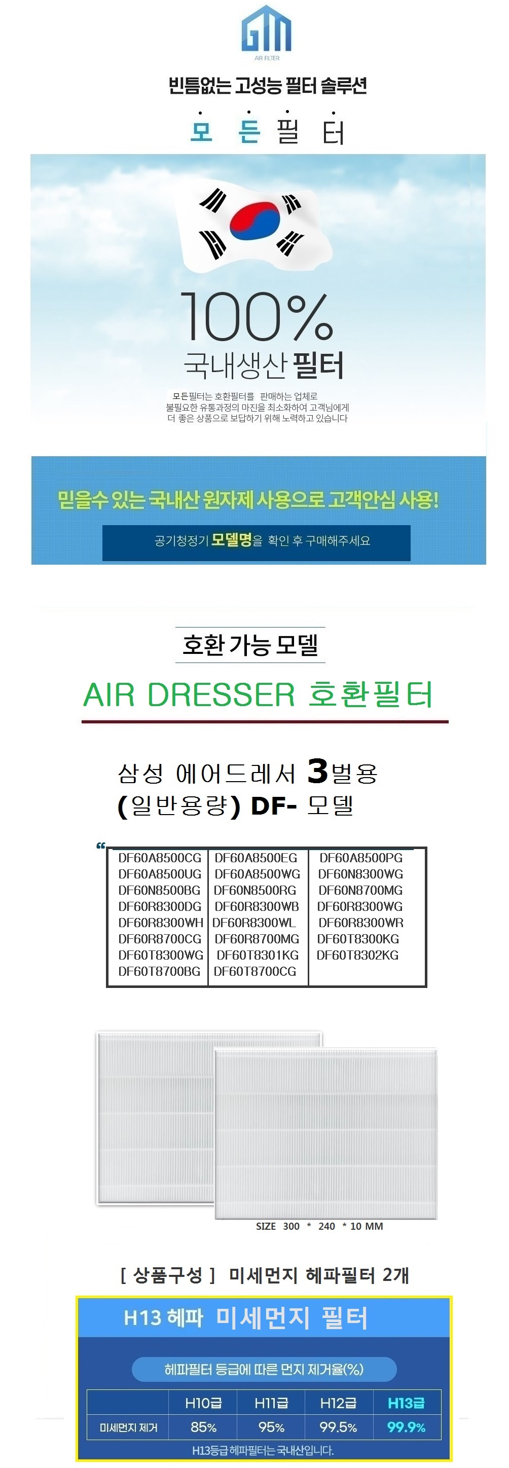 13등급 국내생산 DF60N8700MG 3벌용 미세먼지필터 2개/필터/에어드레서/에어드레서필터/에어드레스용필터/