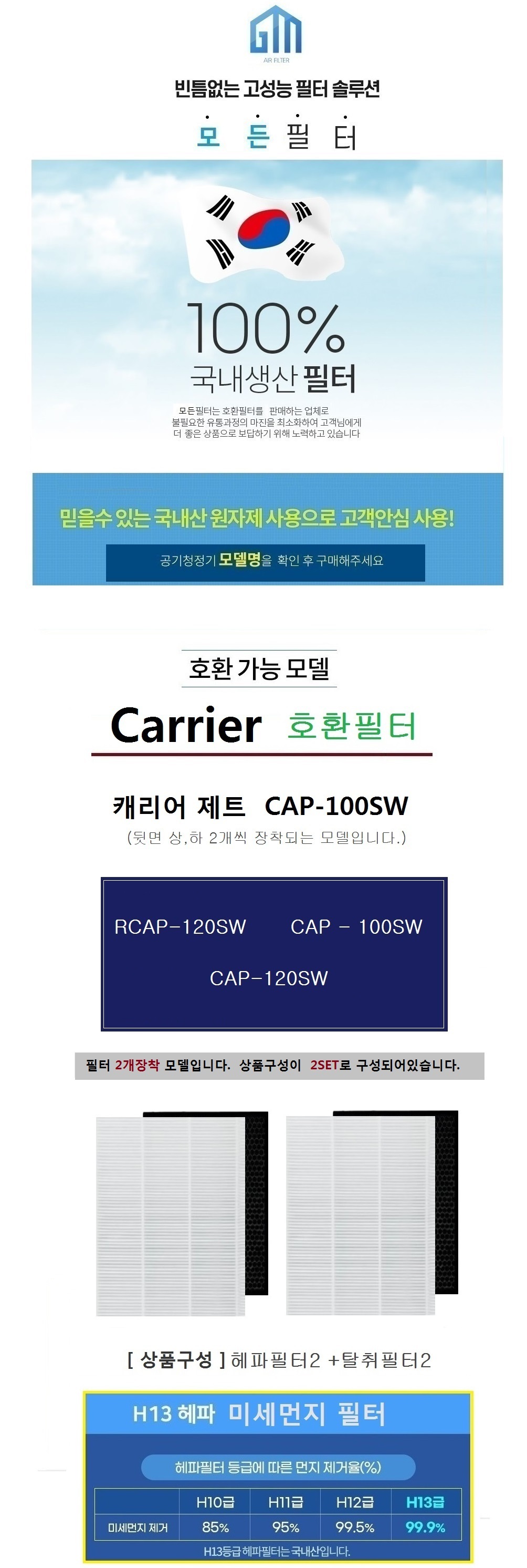 13등급 국내생산 캐리어호환필터 CAP-120SW 2개/공기청정기필터/교환용필터/청정기필터/필터교체/청정기필