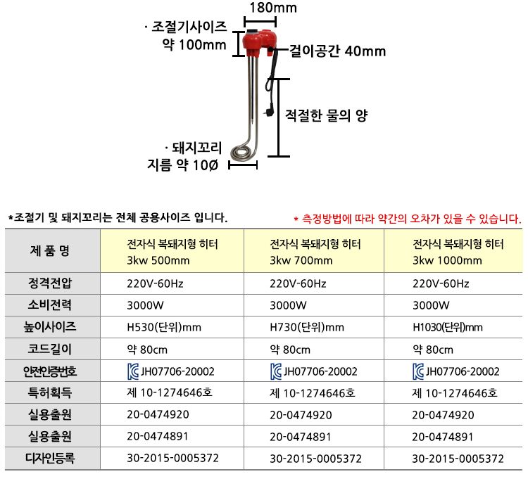 전자식 복돼지 물히터 3KW (1000mm)/물히터/전기물히터/가정용물히터/사무용물히터/현장용물히터/식당용물