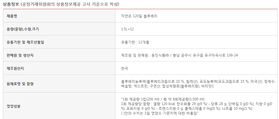 자연은 블루베리 1.5Lx12펫/음료/주스/쥬스/과일주스/과일쥬스/과일음료수/과즙음료/과즙쥬스/맛있는주스/