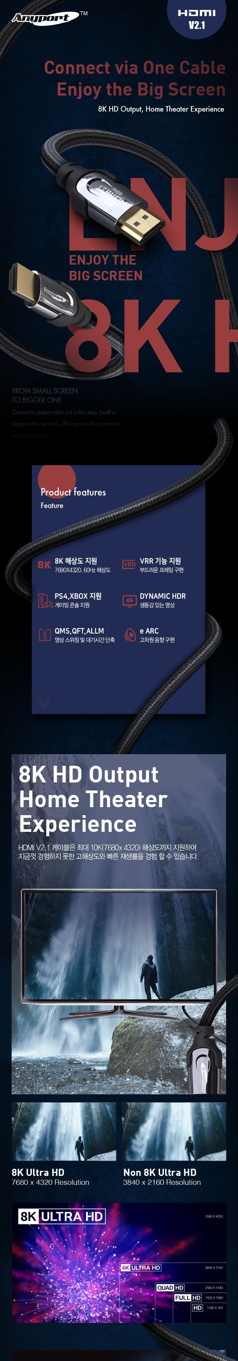 (AP-H8K005P) ANYPORT HDMI 2.1V 8K 프리미엄 고급형 초고화질 0.5M/HDMI케이블/케이블/컴퓨터케이블/PC케