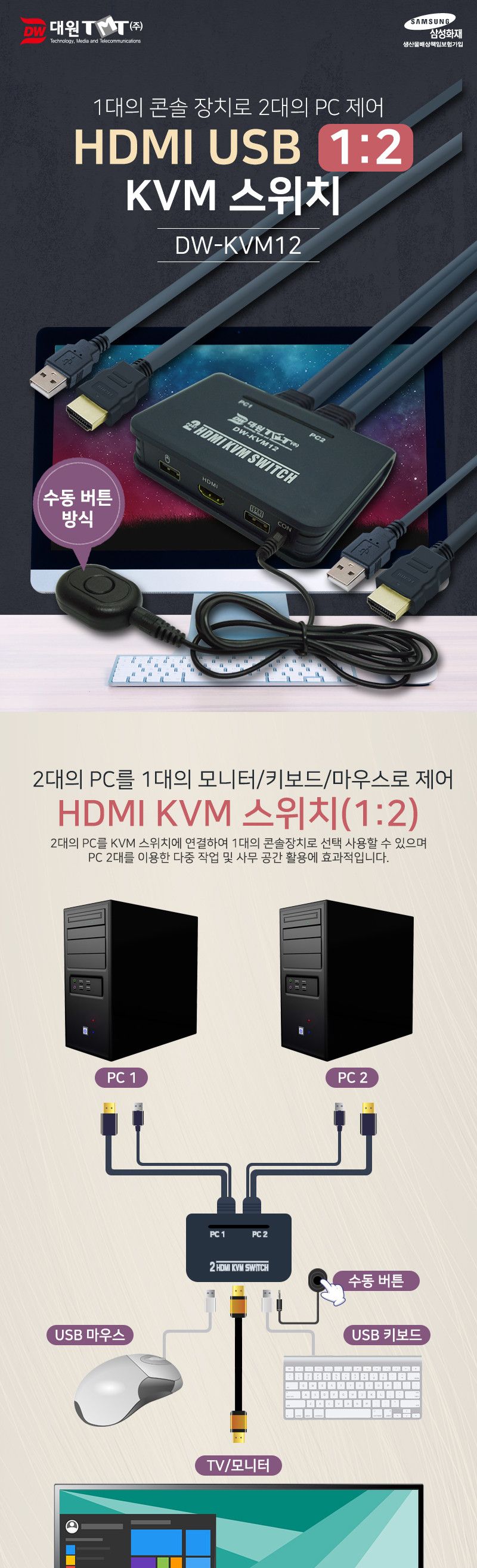 (대원TMT) 대원티엠티 HDMI USB 1:2 KVM 스위치 (케이블 일체형 버튼 방식) (DW-KVM12)/KVM/KVM스위치/네트