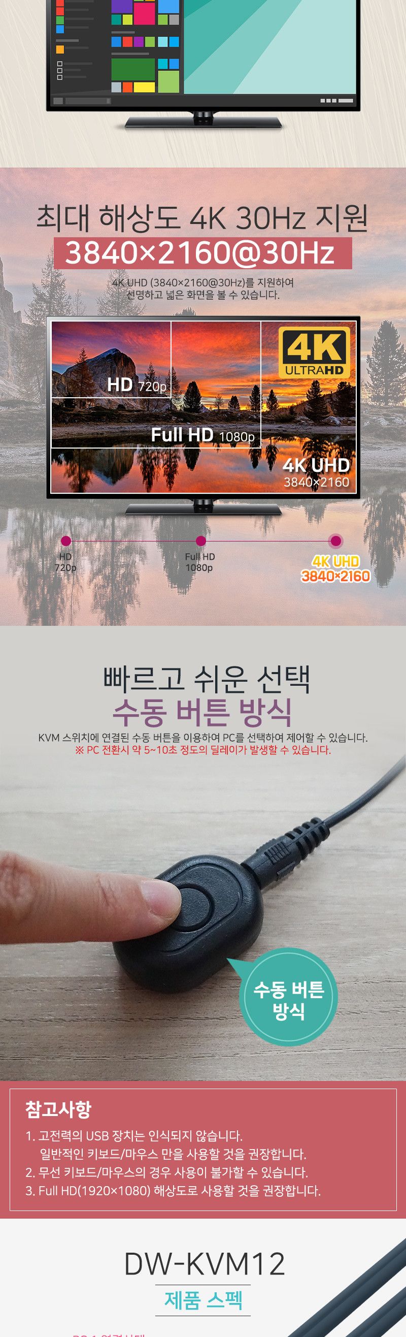 (대원TMT) 대원티엠티 HDMI USB 1:2 KVM 스위치 (케이블 일체형 버튼 방식) (DW-KVM12)/KVM/KVM스위치/네트