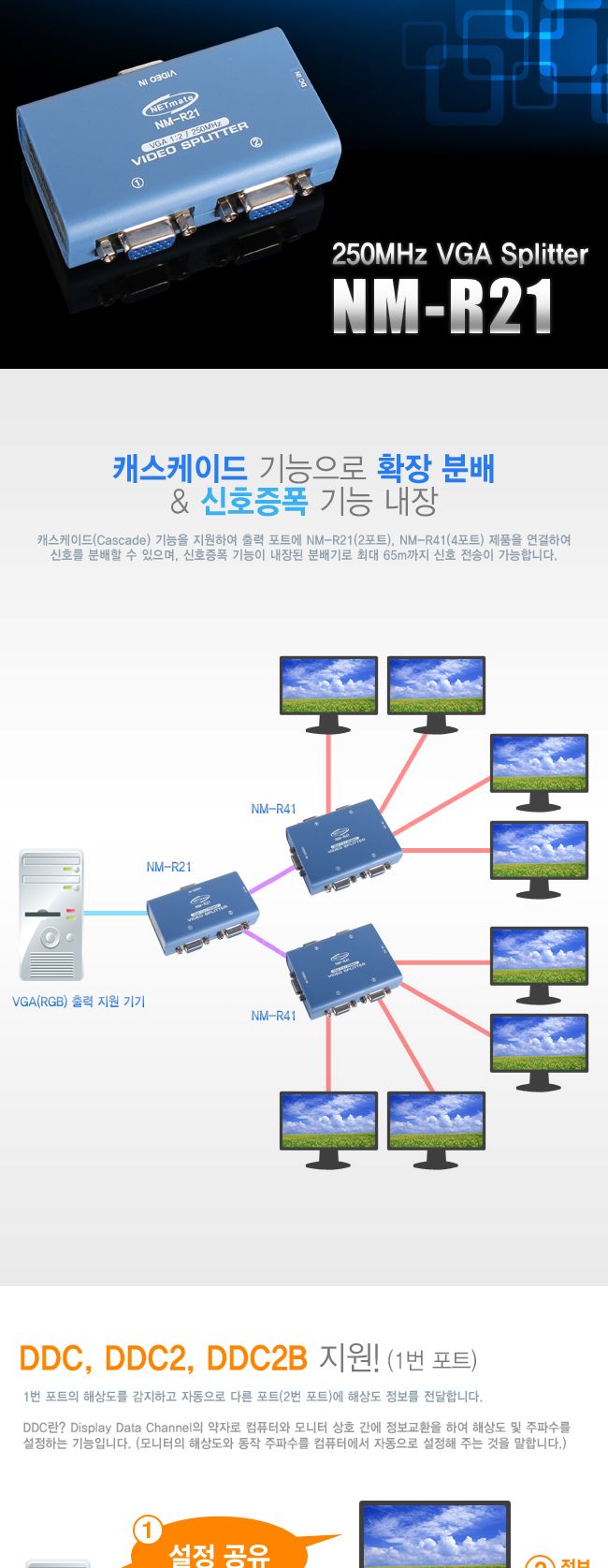 (NETmate) NM-R21 VGA(RGB) 1:2 모니터 분배기 (250MHz)/모니터분배기/영상분배기/주변기기/컴퓨터주변용품