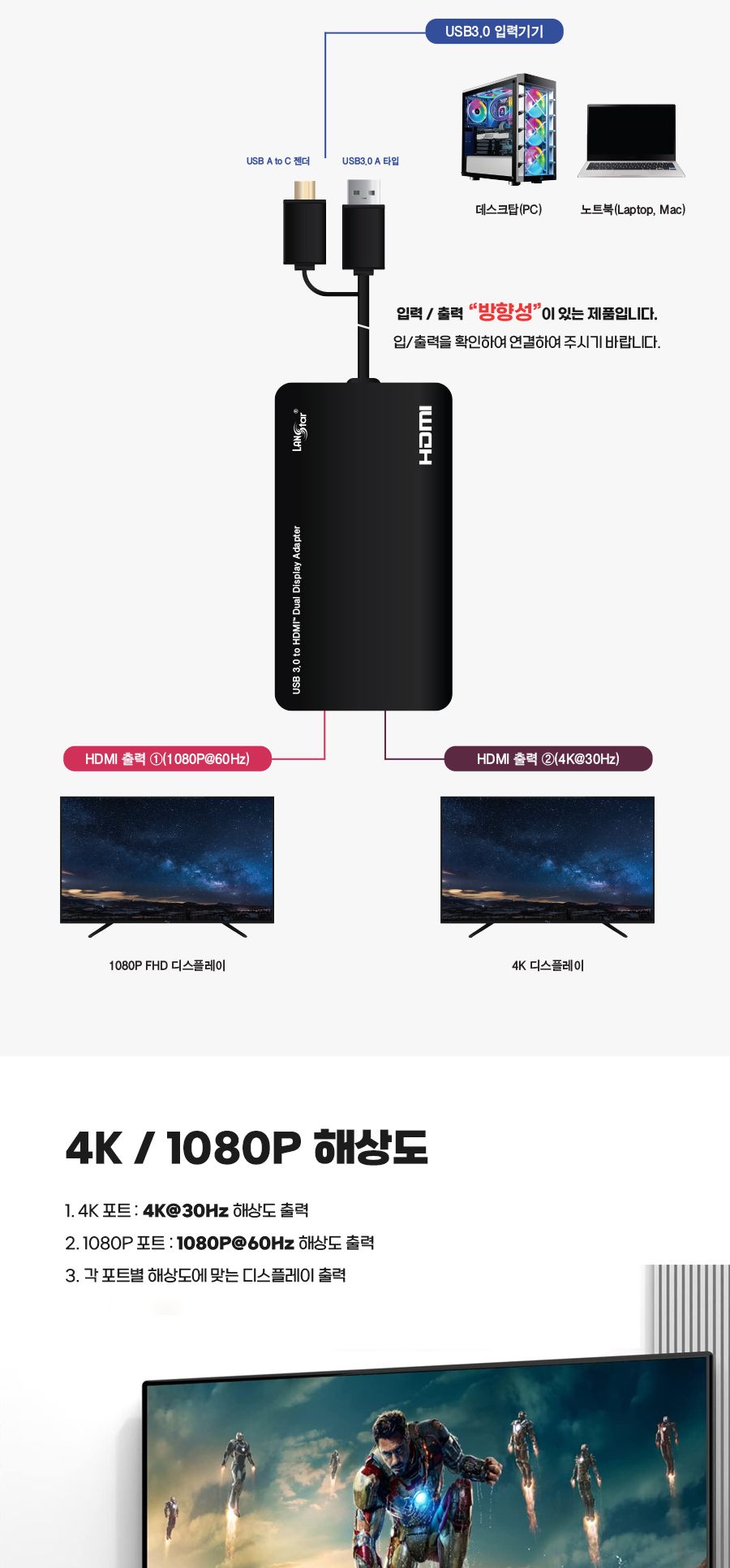USB3.0 A C 듀얼 HDMI 영상 컨버터 30804/듀얼컨버터/트윈컨버터/USB컨버터/컨버터장비/듀얼출력컨버터/화