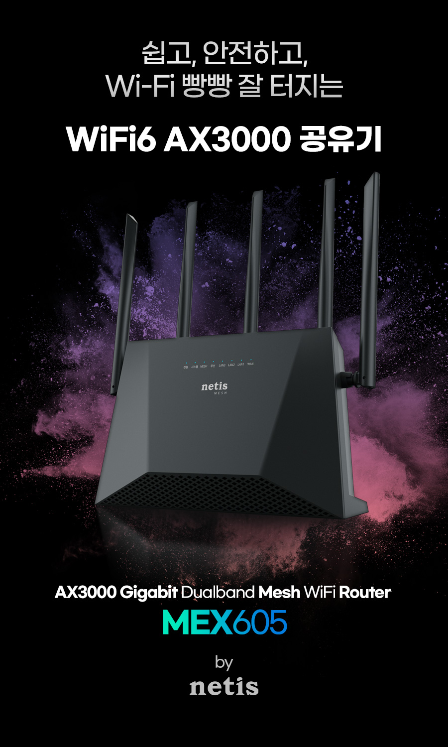 네티스 MEX605 와이파이6 AX3000 Wave2 유무선공유기/네티스유무선공유기/와이파이6공유기/가정용유무선공
