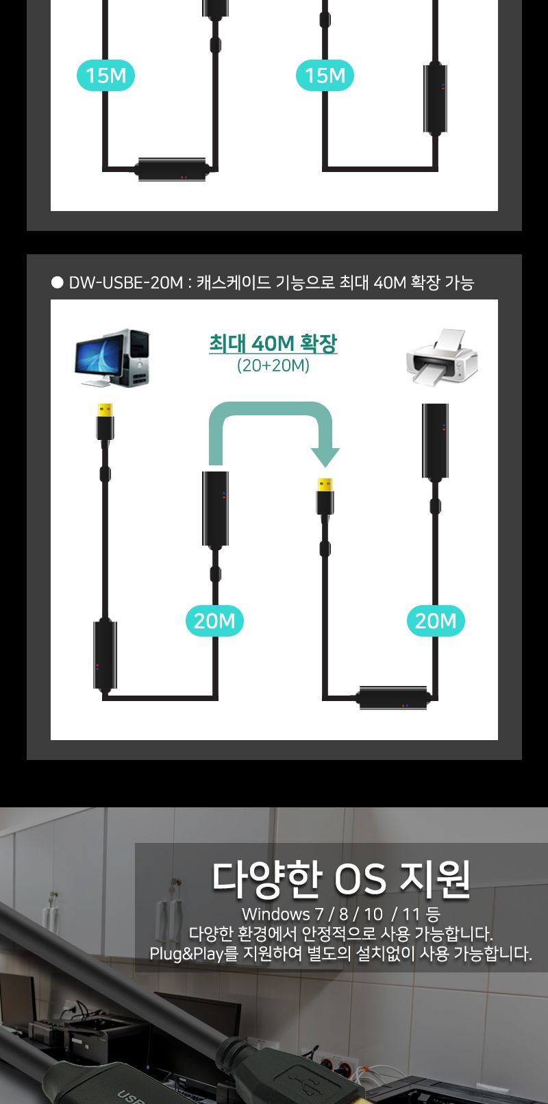 (대원TMT) 대원티엠티 USB 2.0 연장 리피터 케이블 15M (무전원) (DW-USBE-15M)/리피터케이블/리피터잭/리