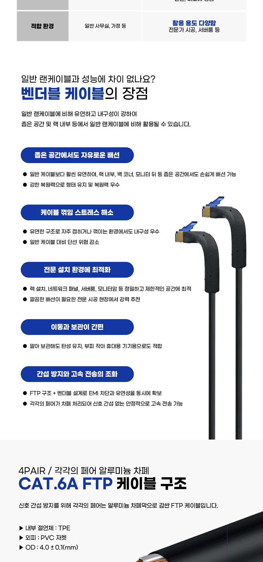 Cat.6A U FTP 벤더블 케이블. 5m (30902)/케이블/랜케이블/LAN케이블/랜선/인터넷케이블/인터넷랜선/PC케이