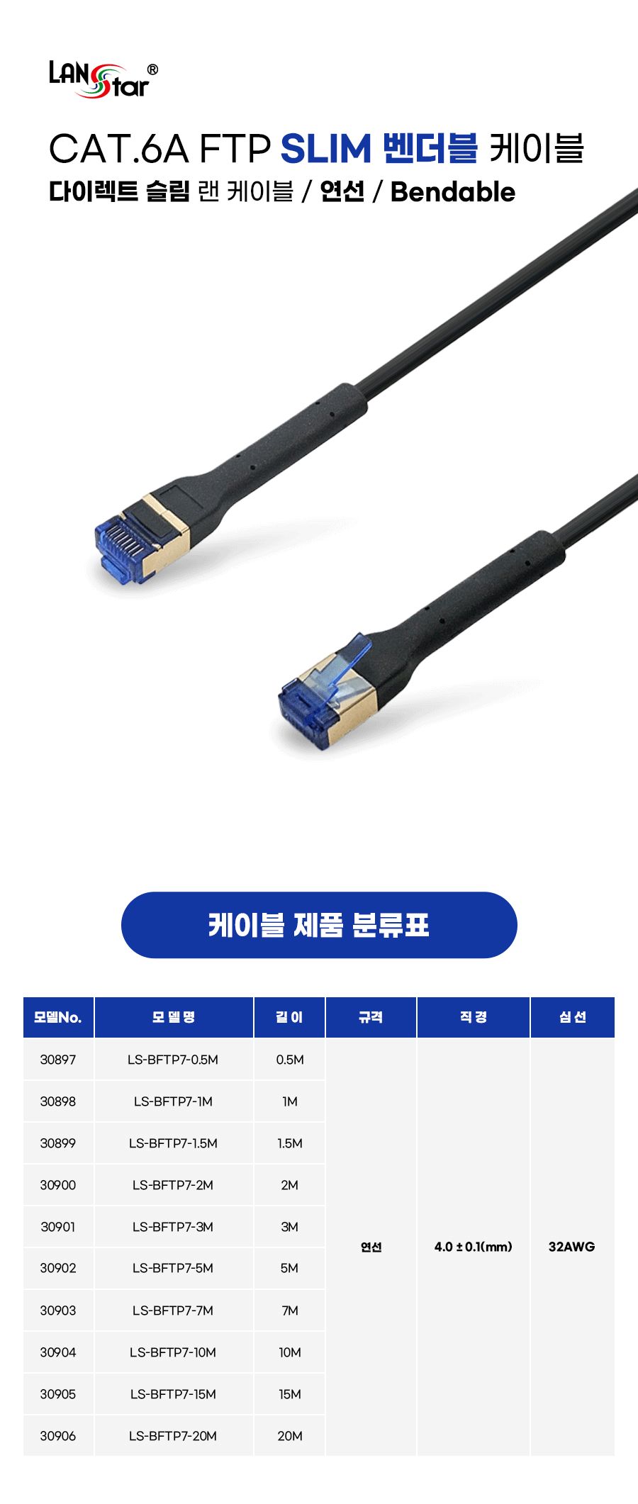 Cat.6A U FTP 벤더블 케이블. 7m (30903)/케이블/랜케이블/LAN케이블/랜선/인터넷케이블/인터넷랜선/PC케이