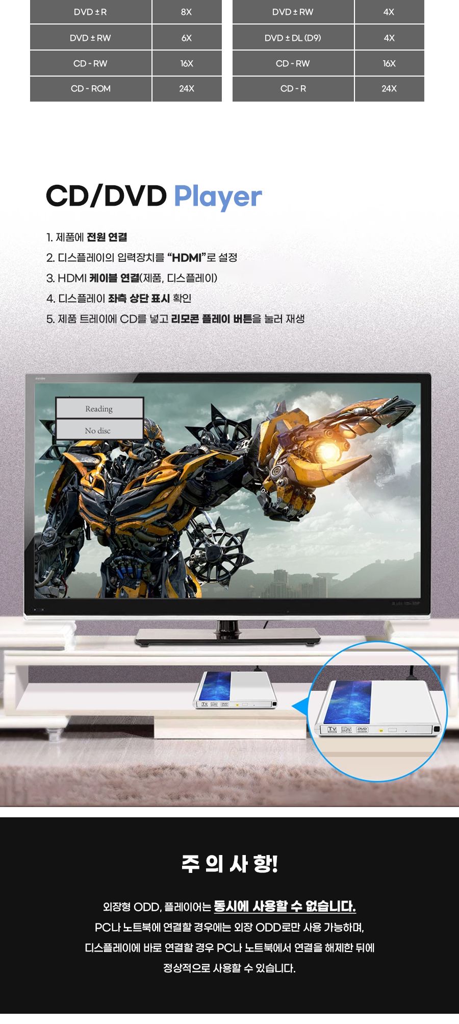 노트북 외장 CD롬 USB HDMI 플레이어 30837/노트북외장ODD/노트북HDMIDVD플레이어/노트북DVD플레이어/외장O