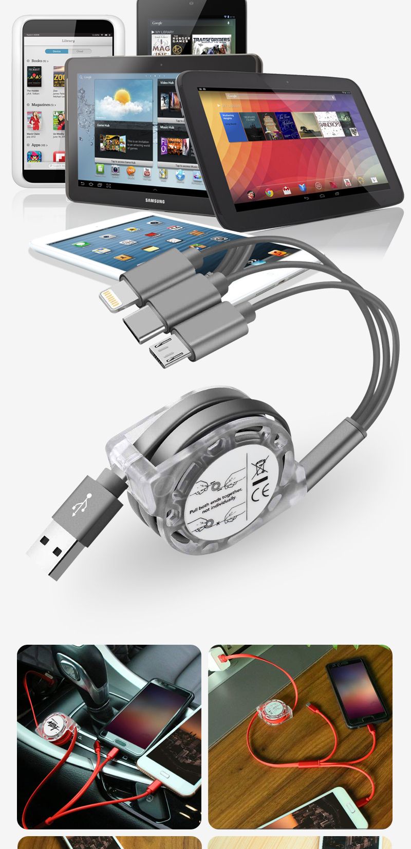 엠비에프 MBF-USB3IN1 3 in 1 충전 자동 감김 케이블/USB케이블/데이터케이블/3IN1자동감김케이블/멀티충전