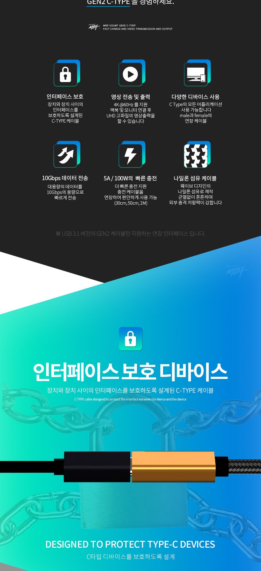 엠비에프 USB 3.1 GEN2 CM-CF 연장 CABLE 0.5M MBF-U31MF-05/C타입케이블/연장케이블/데이터전송/USB타입케