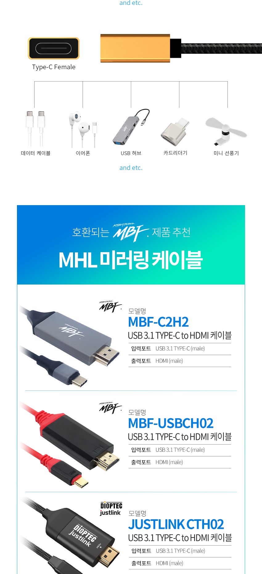 엠비에프 USB 3.1 GEN2 CM-CF 연장 CABLE 0.5M MBF-U31MF-05/C타입케이블/연장케이블/데이터전송/USB타입케