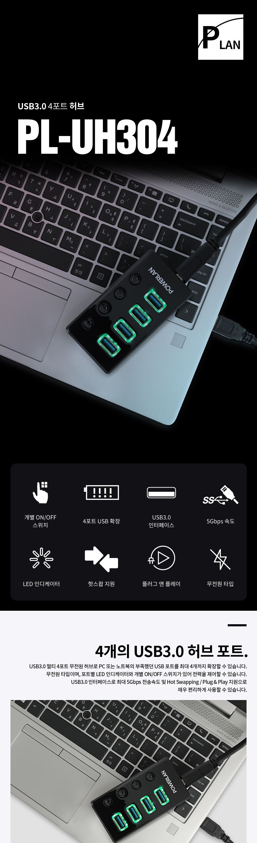 파워랜 USB3.0 허브 4포트 무전원타입 (PL550 PL-UH304)/허브/파워랜허브/USB허브/허브USB/4포트허브/허브4