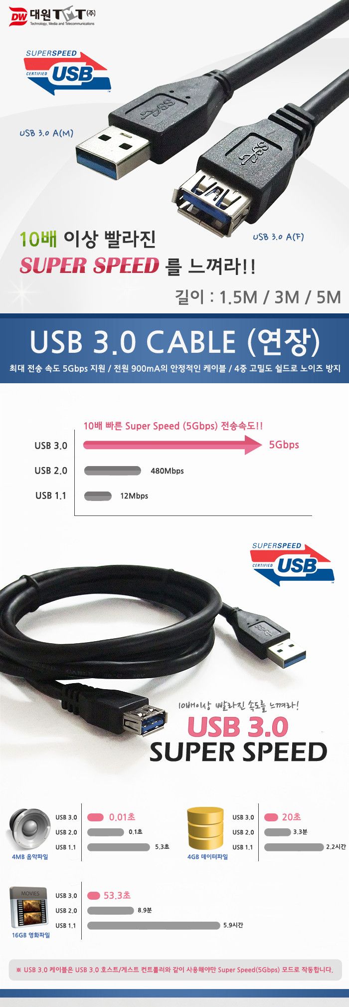 (대원TMT) 대원티엠티 USB 3.0 AM-AF 연장 케이블 3M 검정 (DW-USB3MF-3M)/케이블/데이터케이블/USB케이블/