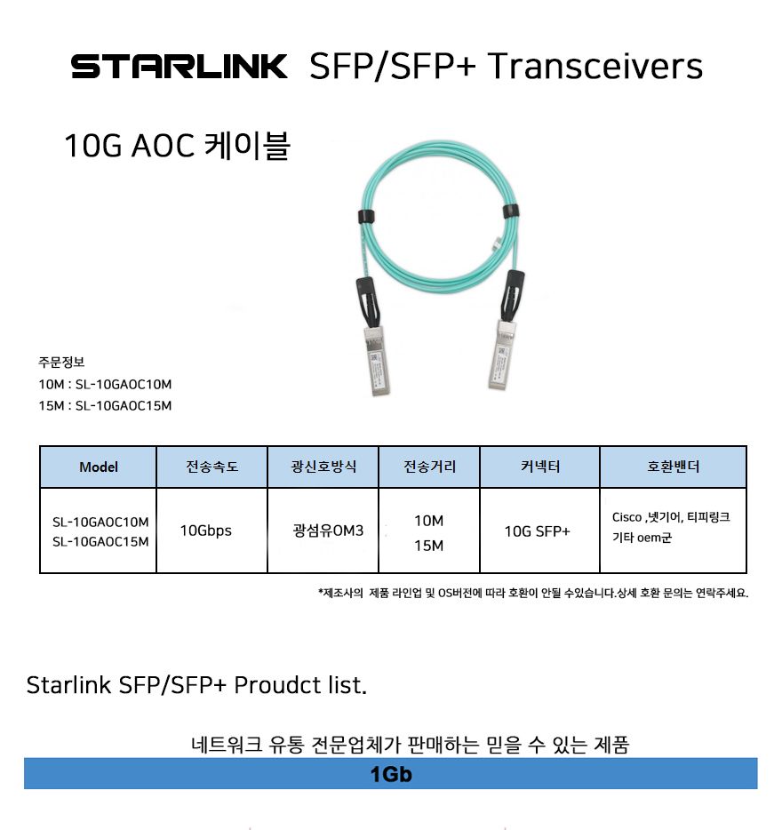 스타링크 10Gb Aqua SFP+ AOC 10G 케이블 10M SL-10GAOC10M/AOC케이블/10G케이블/광케이블/전송케이블/광링