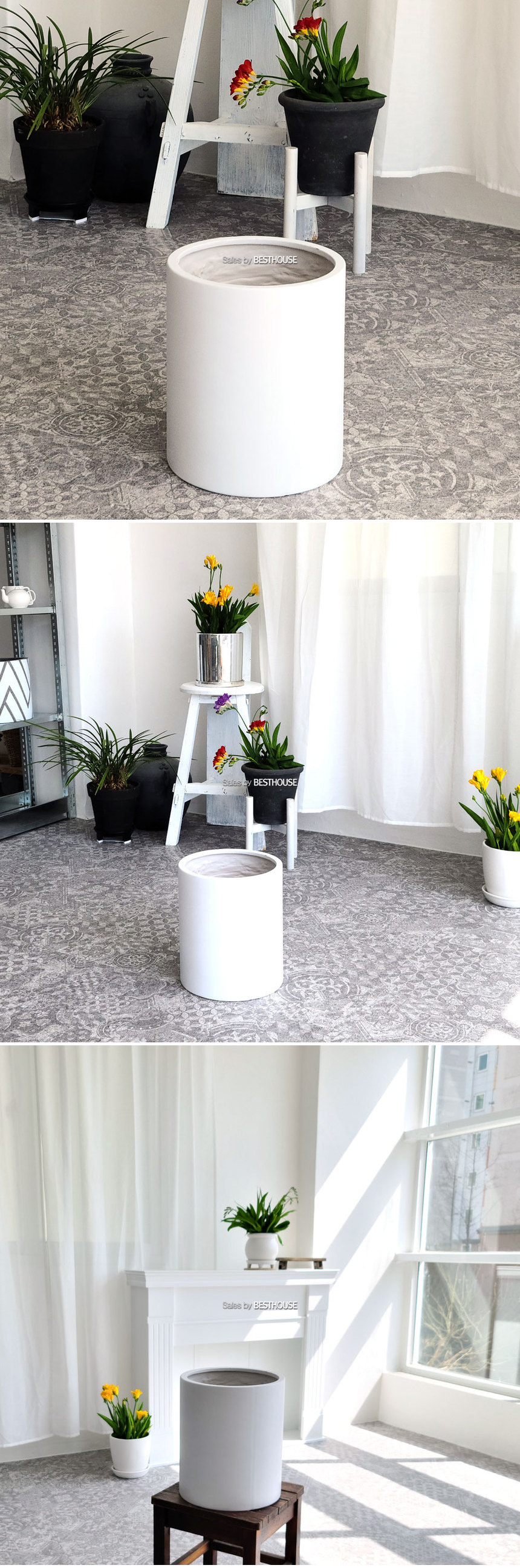 모던 수지 마블 원통형 화분 30x35cm 화이트/수지마블화분/원통형화분/마블화분/장식화분/디자인화분/식물