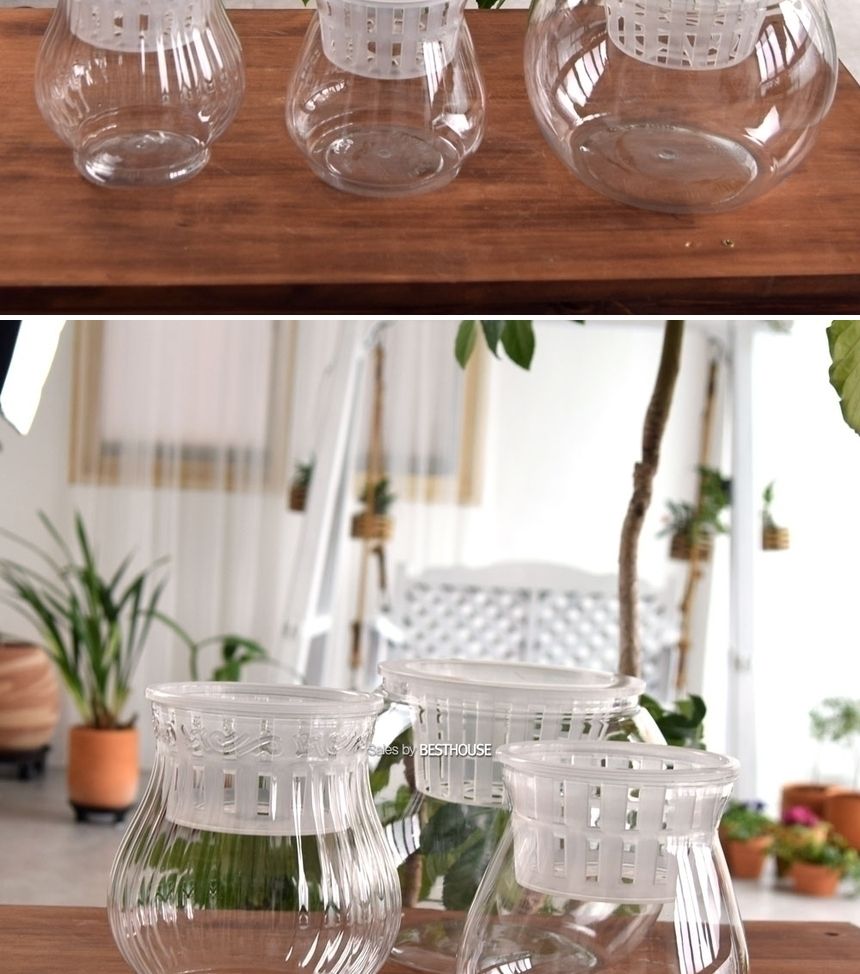 수경재배용 고투명 BH 플라스틱 화분 매쉬포트포함 BH-160 16x17cm/원형화분/인테리어화분/미니화분/예쁜미