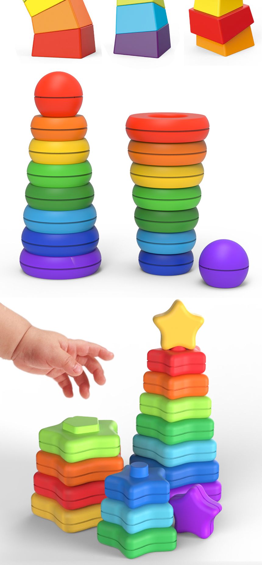 오즈토이 트리플 레인보우 쌓기 3종 세트 별+탑+원/별쌓기놀이/탑쌓기/링쌓기/링쌓기놀이/도형쌓기놀이/도