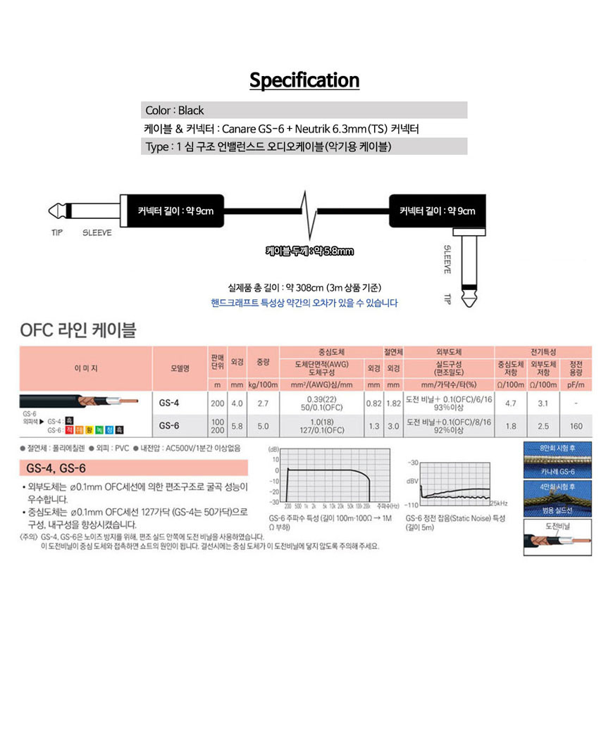기타 베이스케이블 커스텀 OOmt430 라이트앵글 3m/기타앰프케이블/베이스기타케이블/기타전용케이블/악기케